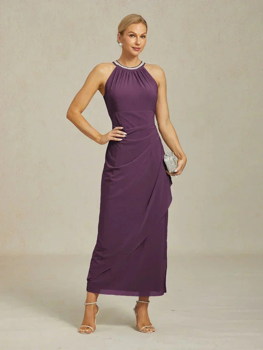 Elegant Beaded Halter Maxi Dress with Ruffle Detail