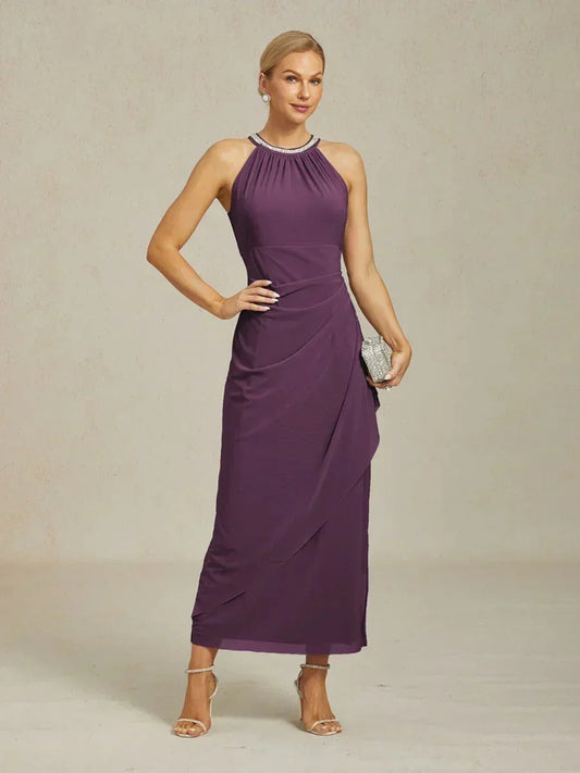 Elegant Beaded Halter Maxi Dress with Ruffle Detail