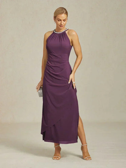 Elegant Beaded Halter Maxi Dress with Ruffle Detail