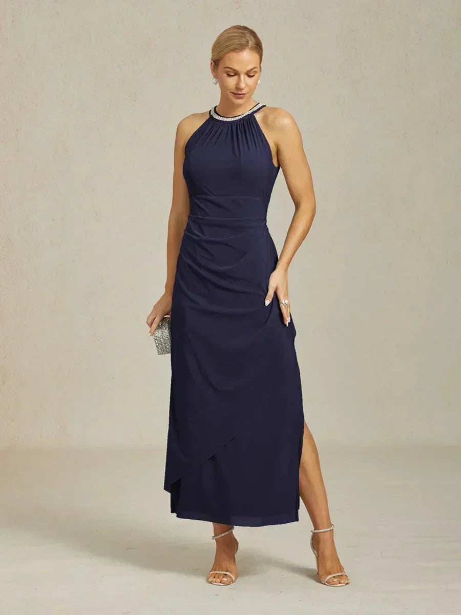 Elegant Beaded Halter Maxi Dress with Ruffle Detail