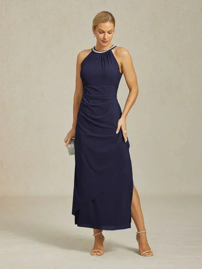 Elegant Beaded Halter Maxi Dress with Ruffle Detail