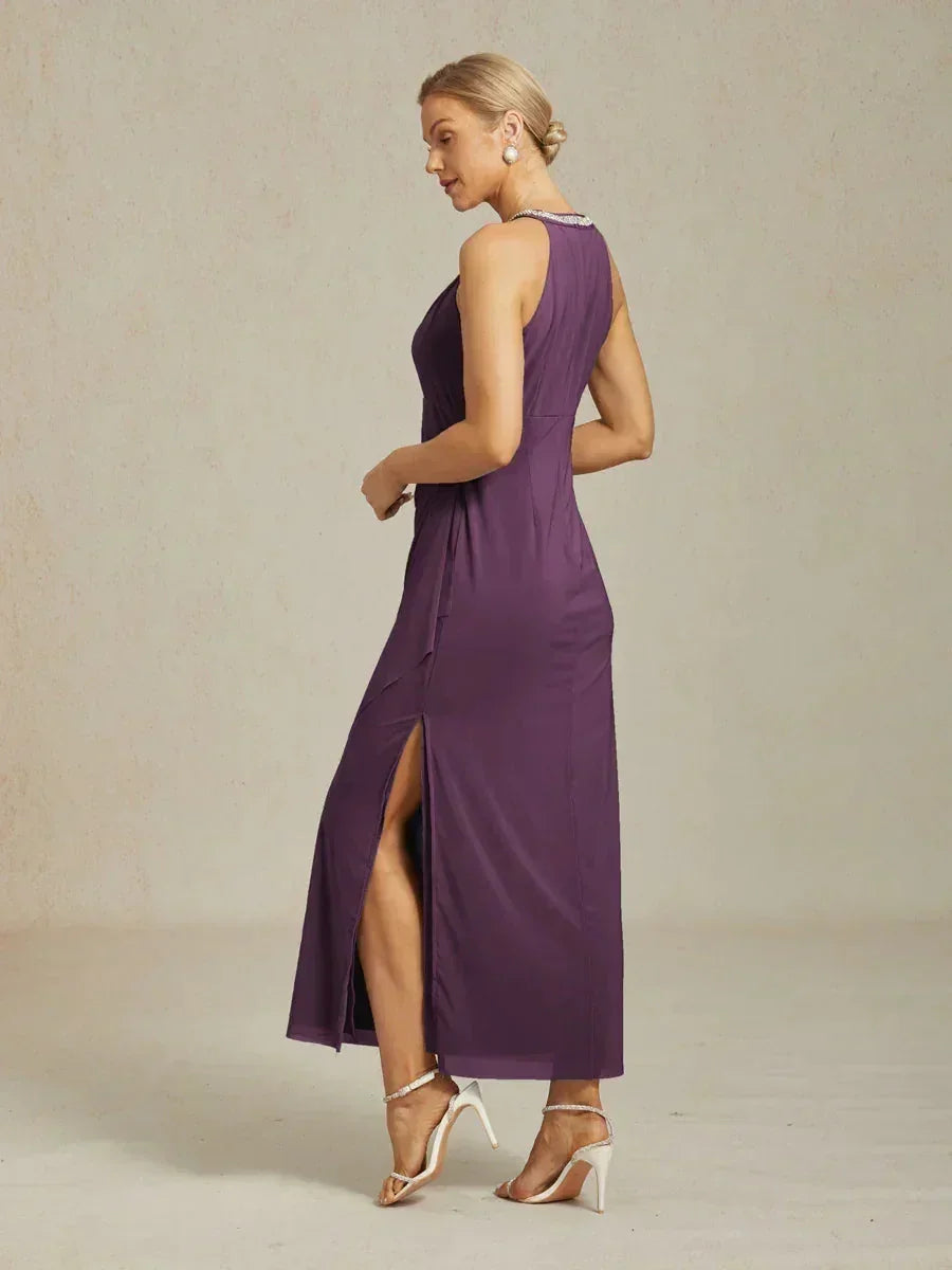 Elegant Beaded Halter Maxi Dress with Ruffle Detail