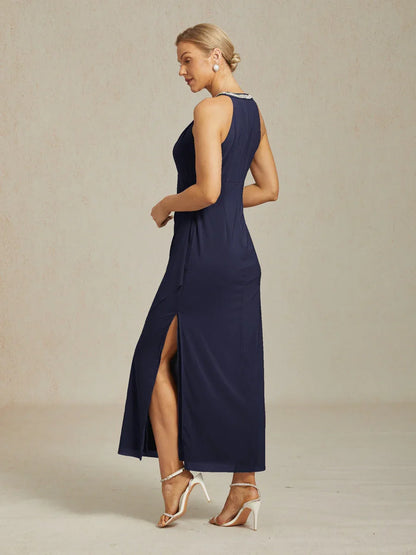 Elegant Beaded Halter Maxi Dress with Ruffle Detail