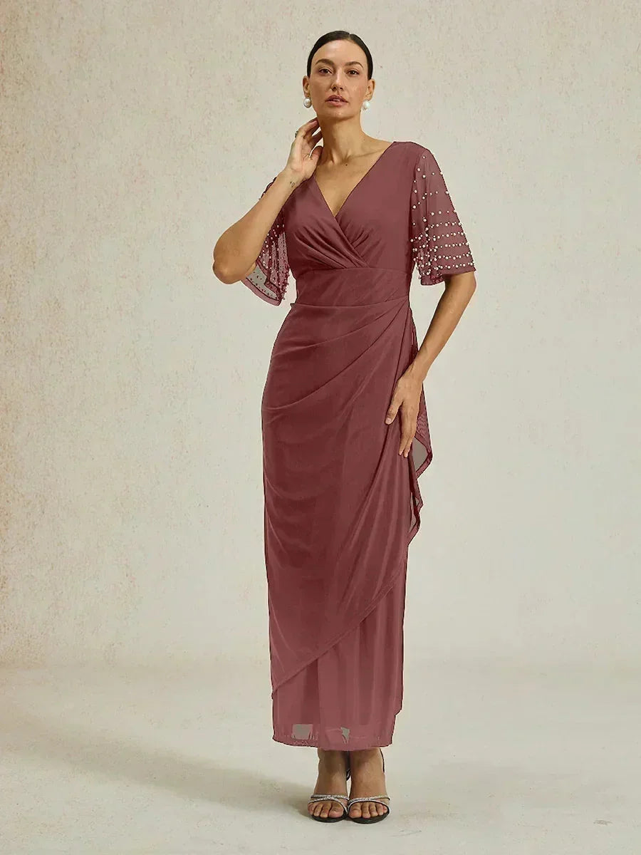 Elegant Formal Dress with Embellished Flutter Sleeves