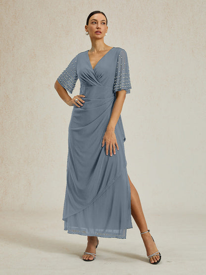 Elegant Formal Dress with Embellished Flutter Sleeves