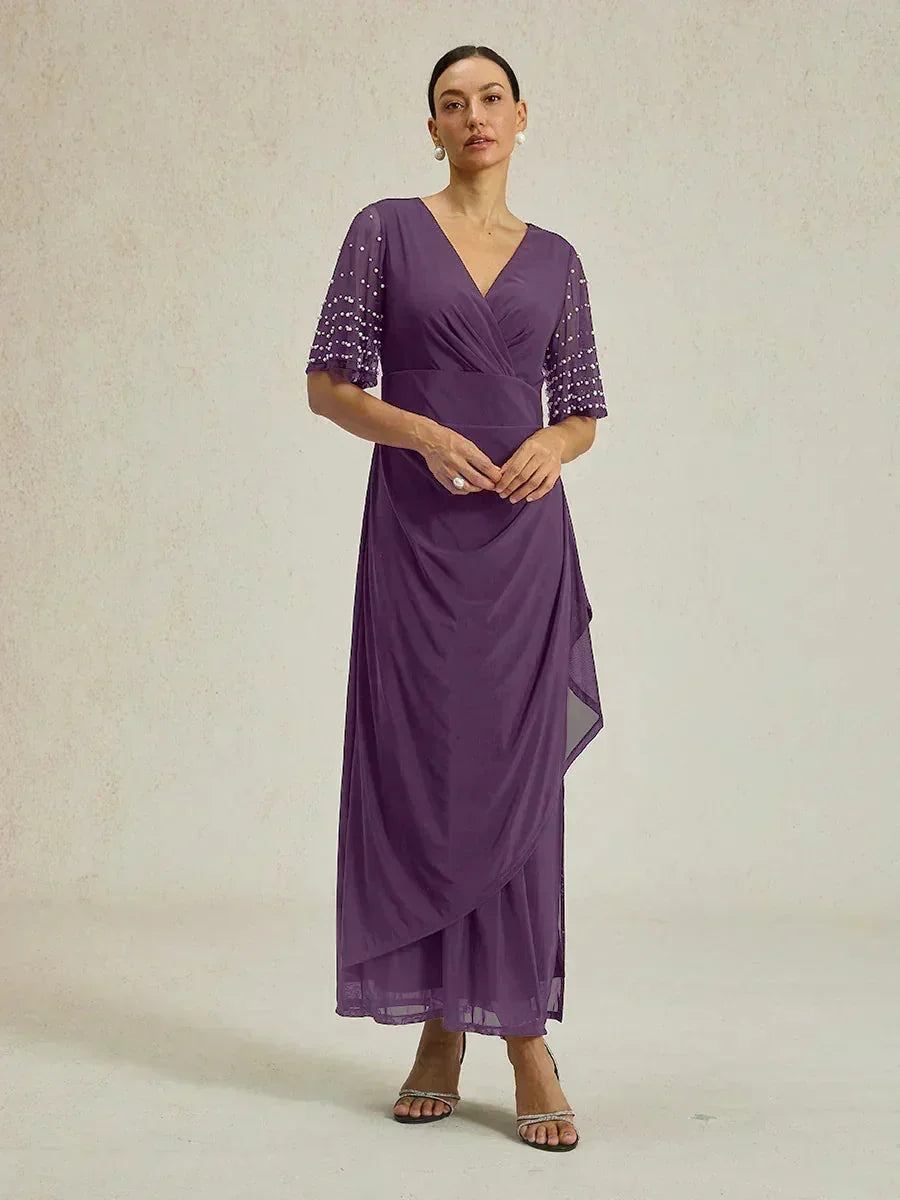 Elegant Formal Dress with Embellished Flutter Sleeves