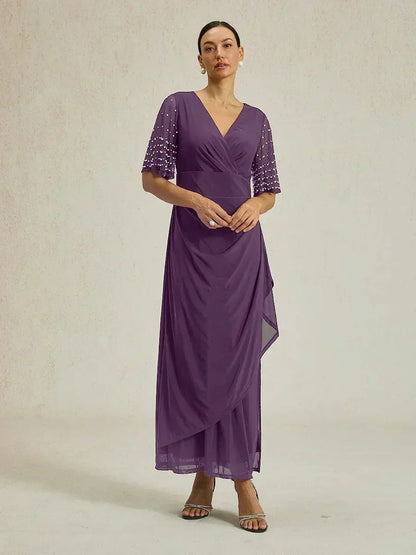 Elegant Formal Dress with Embellished Flutter Sleeves