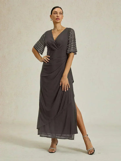 Elegant Formal Dress with Embellished Flutter Sleeves