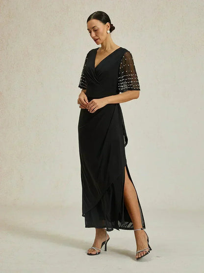 Elegant Formal Dress with Embellished Flutter Sleeves