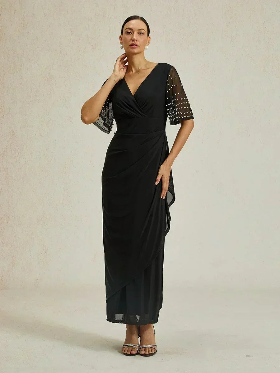 Elegant Formal Dress with Embellished Flutter Sleeves