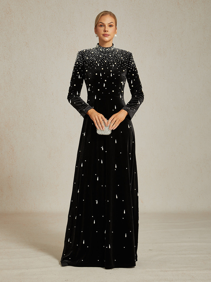 Embellished Velvet Evening Gown with Mock Neck