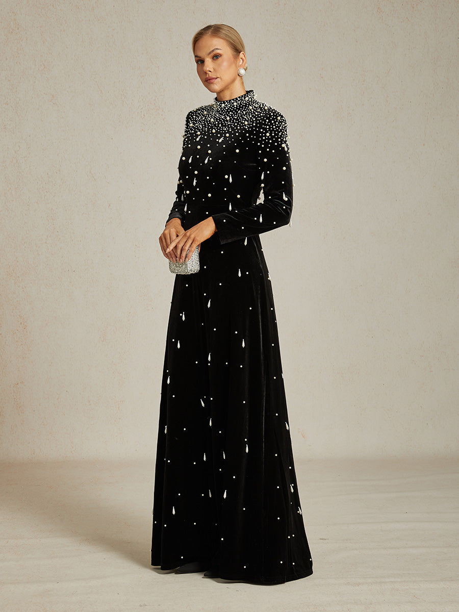 Embellished Velvet Evening Gown with Mock Neck