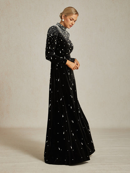 Embellished Velvet Evening Gown with Mock Neck