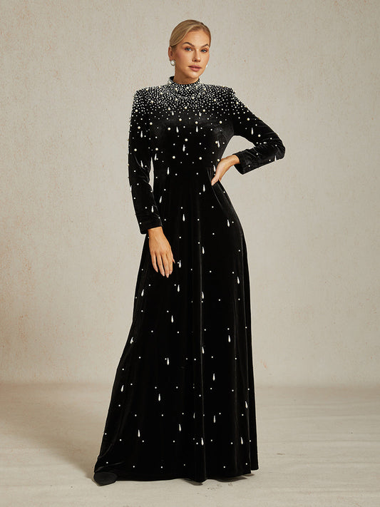 Embellished Velvet Evening Gown with Mock Neck
