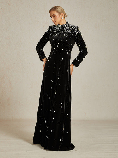 Embellished Velvet Evening Gown with Mock Neck