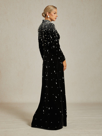 Embellished Velvet Evening Gown with Mock Neck