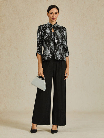 Elegant Mandarin Collar Sequin Twinset