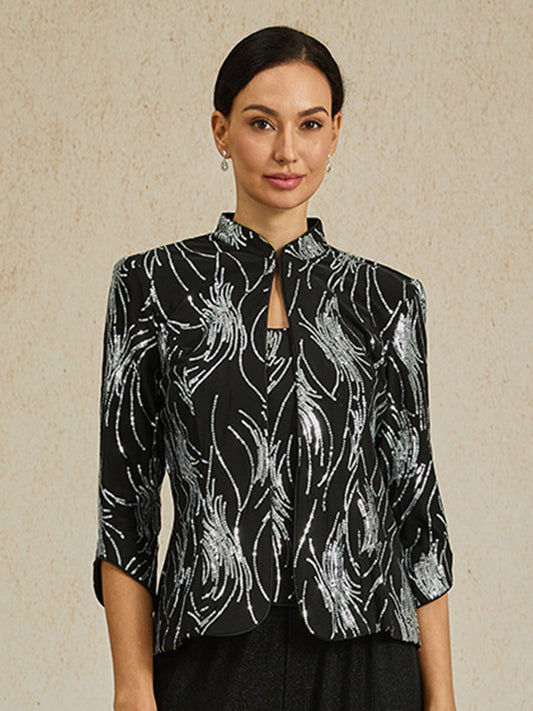 Elegant Mandarin Collar Sequin Twinset