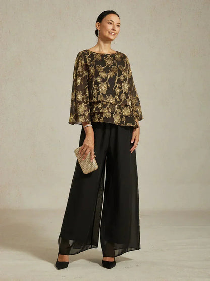 Floral Chiffon Boat Neck Blouse with A-Line Sleeves