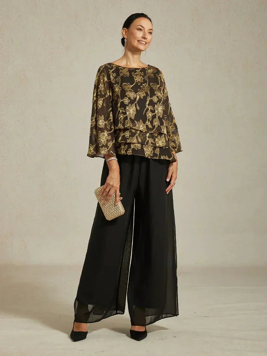Floral Chiffon Boat Neck Blouse with A-Line Sleeves