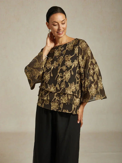 Floral Chiffon Boat Neck Blouse with A-Line Sleeves
