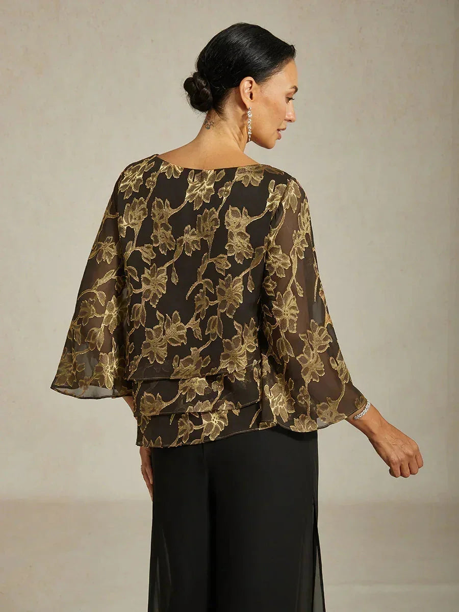 Floral Chiffon Boat Neck Blouse with A-Line Sleeves