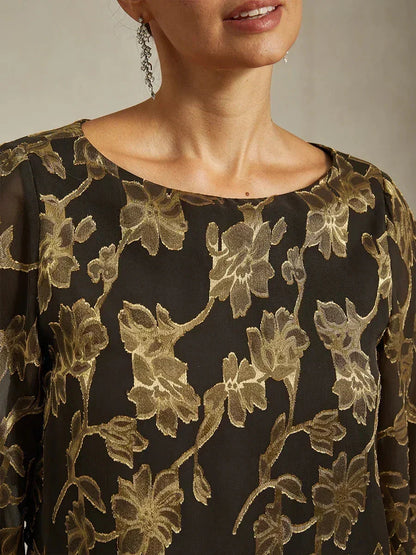 Floral Chiffon Boat Neck Blouse with A-Line Sleeves