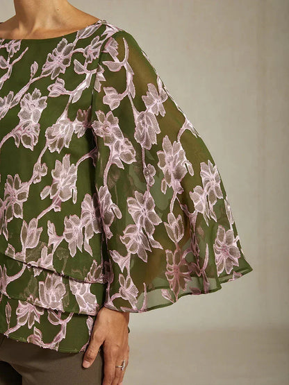 Floral Chiffon Boat Neck Blouse with A-Line Sleeves