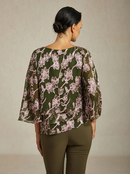 Floral Chiffon Boat Neck Blouse with A-Line Sleeves