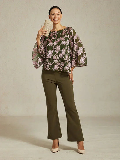 Floral Chiffon Boat Neck Blouse with A-Line Sleeves