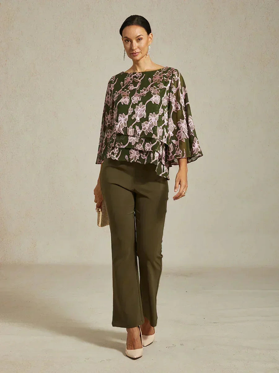 Floral Chiffon Boat Neck Blouse with A-Line Sleeves