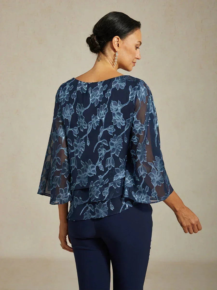 Floral Chiffon Boat Neck Blouse with A-Line Sleeves