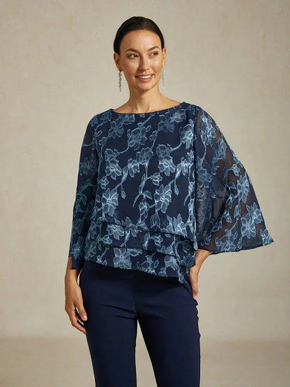 Floral Chiffon Boat Neck Blouse with A-Line Sleeves