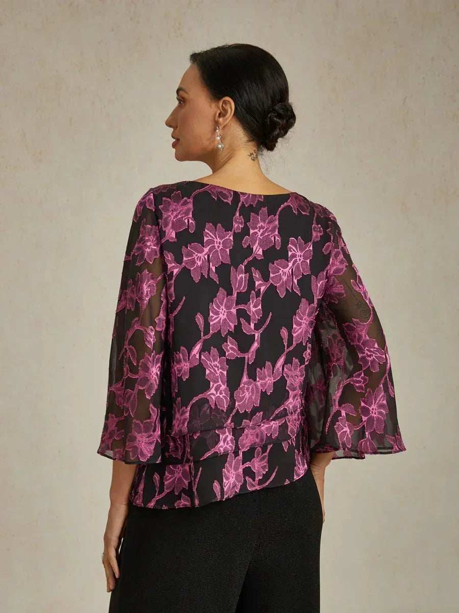 Floral Chiffon Boat Neck Blouse with A-Line Sleeves