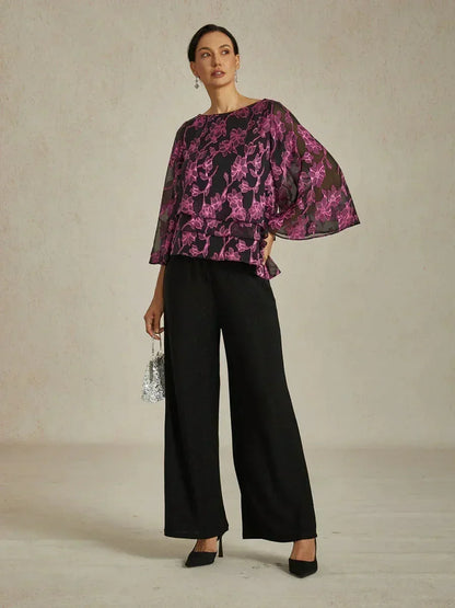Floral Chiffon Boat Neck Blouse with A-Line Sleeves