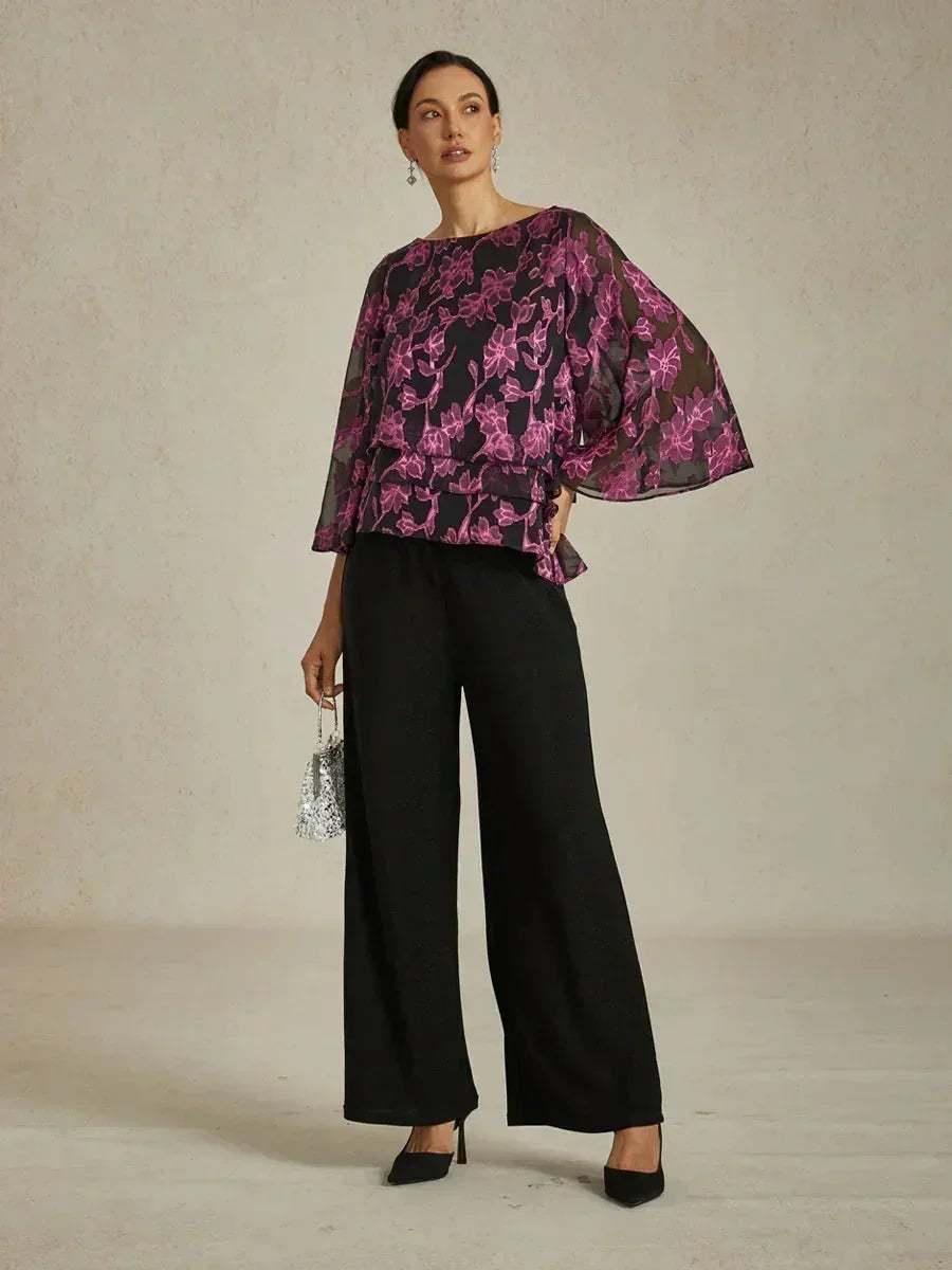 Floral Chiffon Boat Neck Blouse with A-Line Sleeves