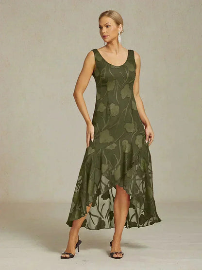Floral Chiffon Sleeveless Evening Gown with Asymmetrical Hem