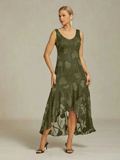 Floral Chiffon Sleeveless Evening Gown with Asymmetrical Hem