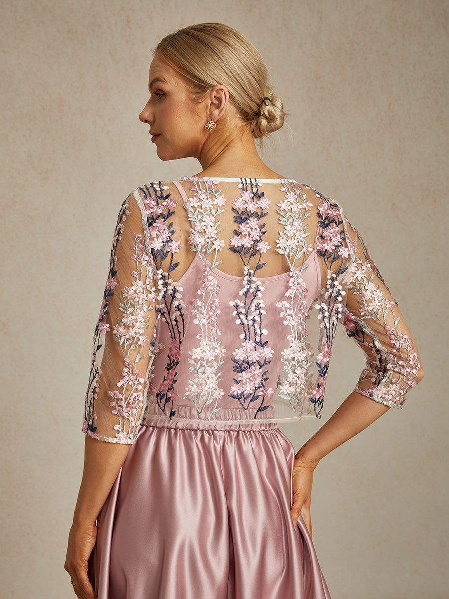 Floral Embroidered Lace Jacket with Rhinestone Button