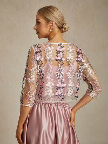 Floral Embroidered Lace Jacket with Rhinestone Button