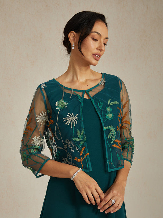 Floral Embroidered Lace Jacket with Rhinestone Button