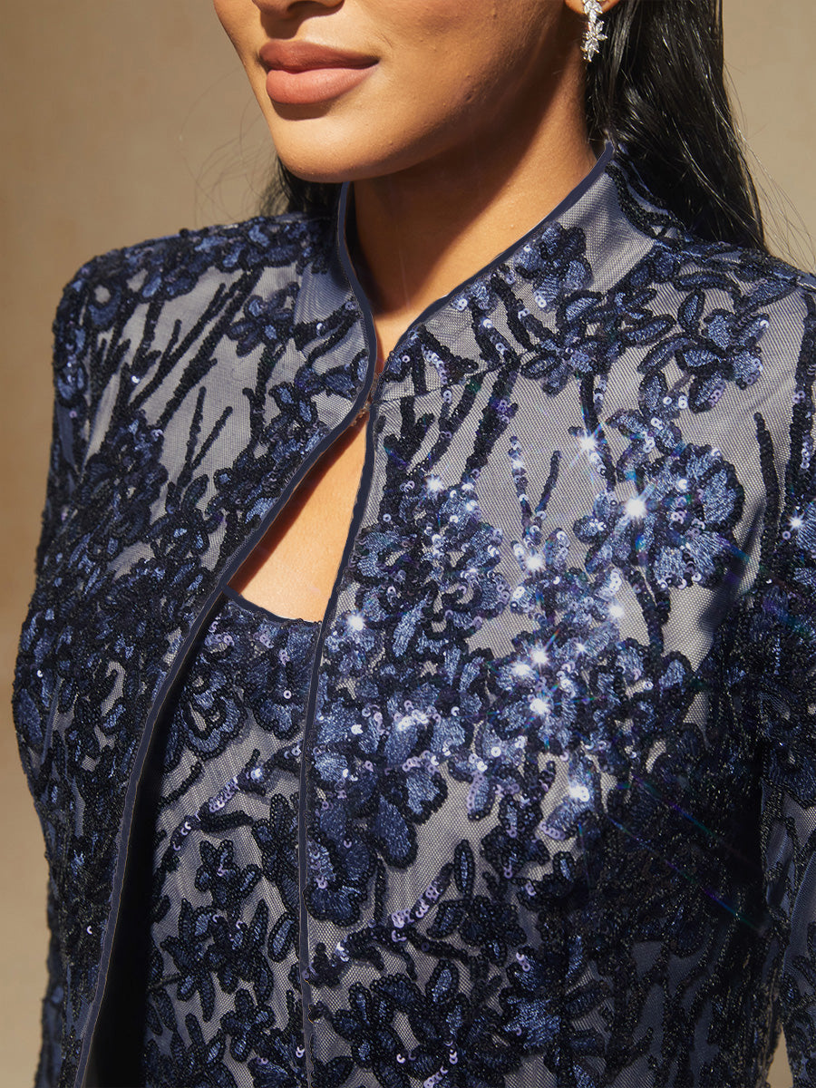 Floral Mandarin Collar Sequin Twinset