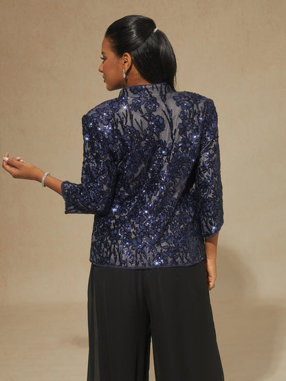 Floral Mandarin Collar Sequin Twinset