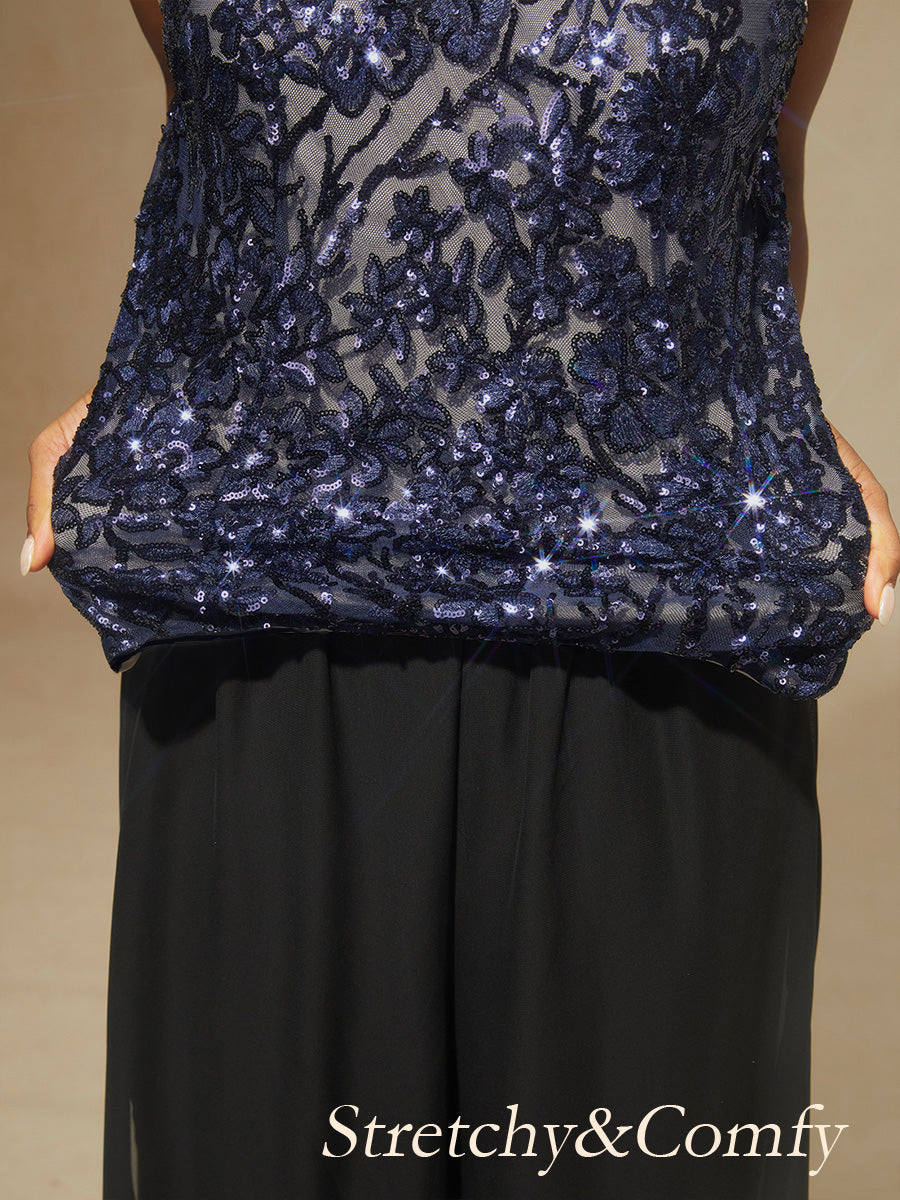 Floral Mandarin Collar Sequin Twinset