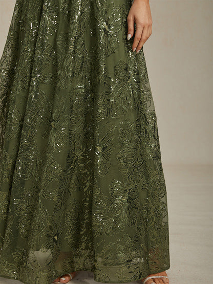 Floral Sequin Embroidered V-Neck Maxi Dress with Low Back