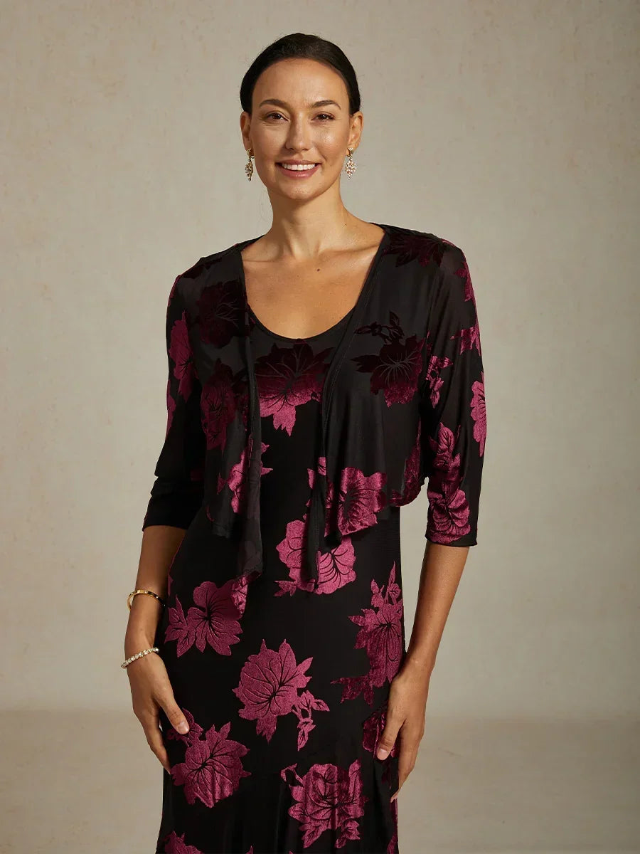 Floral Stretch Velvet 3/4 Sleeve Shrug