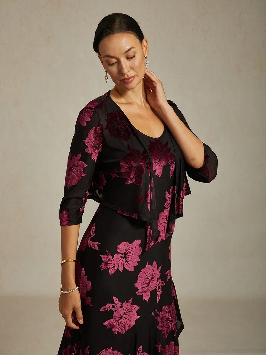 Floral Stretch Velvet 3/4 Sleeve Shrug
