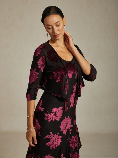 Floral Stretch Velvet 3/4 Sleeve Shrug