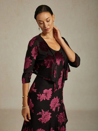 Floral Stretch Velvet 3/4 Sleeve Shrug