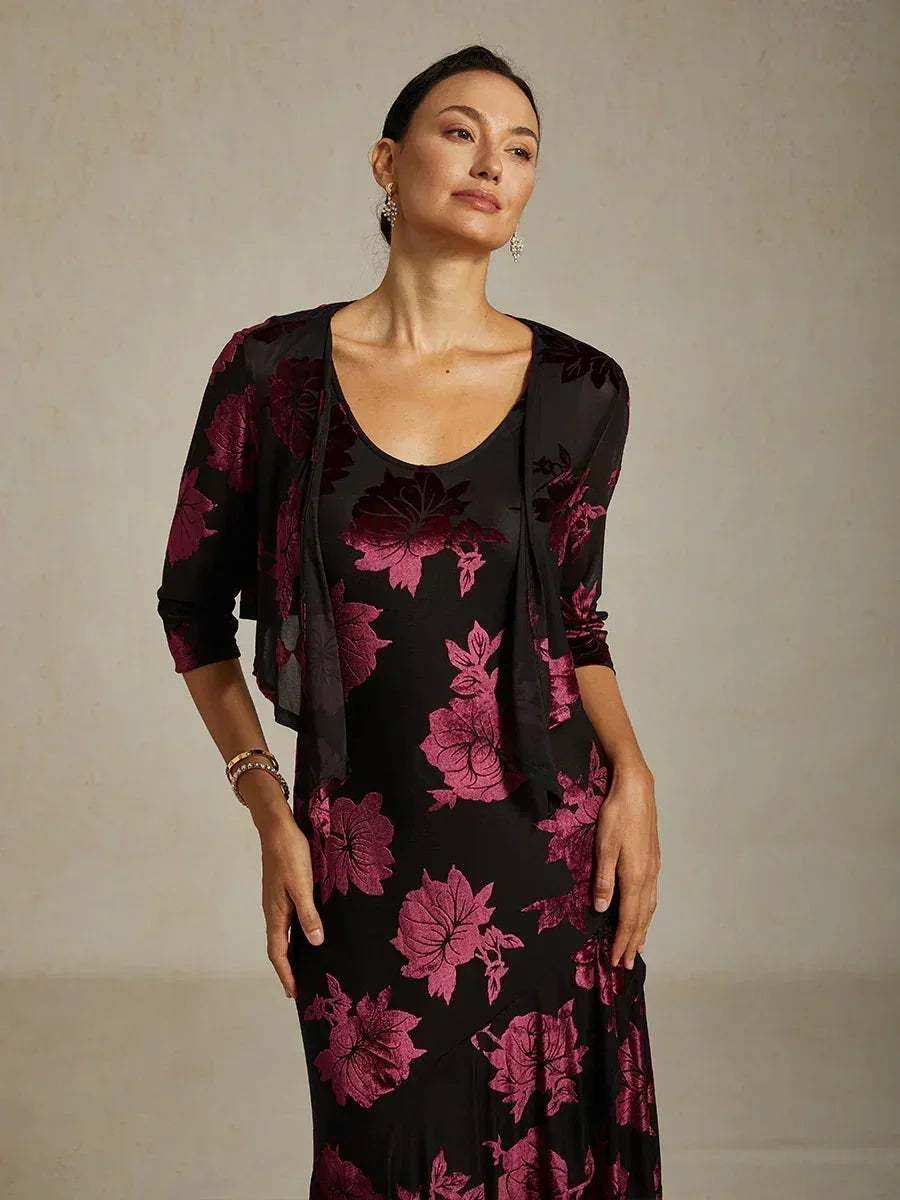 Floral Stretch Velvet 3/4 Sleeve Shrug
